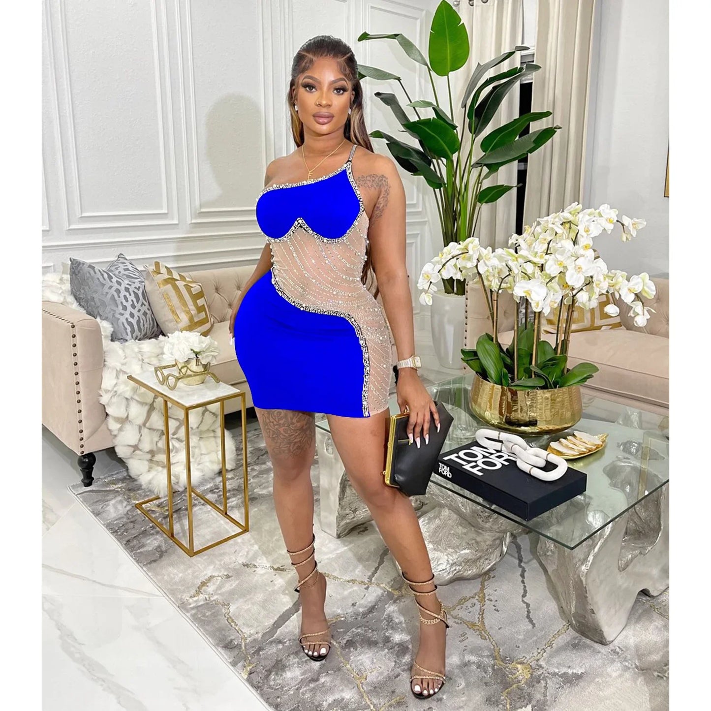 CM.YAYA Women Diamonds Hot Rhinestones Mesh Patchwork Sweetheart