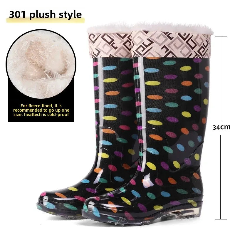 Thickened Crystal Flower Fabric High Top Women's Rain Boots Kitchen Waterproof Non-Slip Work Shoes Low Heel Plastic Shoes