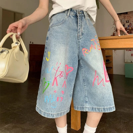 Jeans For Women 2025 Retro Hip Hop Street Jeans Summer Oversized Embroidered High Waisted Wide Leg Shorts Loose Y2K Wide Pants