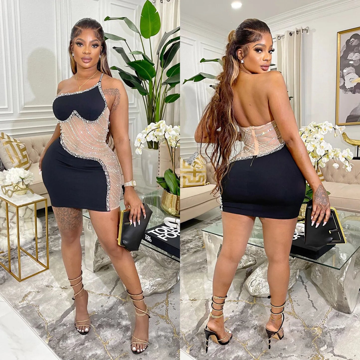 CM.YAYA Women Diamonds Hot Rhinestones Mesh Patchwork Sweetheart