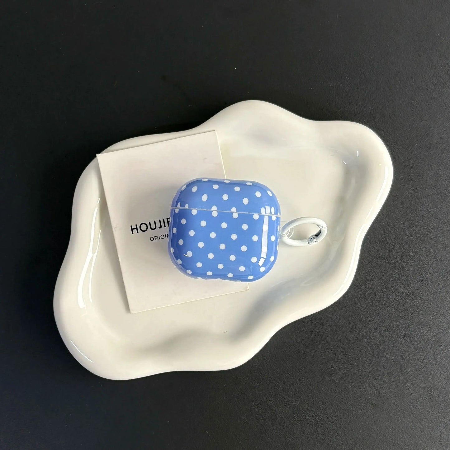 Simple Lovely Blue Polka Dot Pattern Glossy Protective Earphone Case with White Rings Cover for AirPods 1 2 3 4 Pro 2 Pro 3