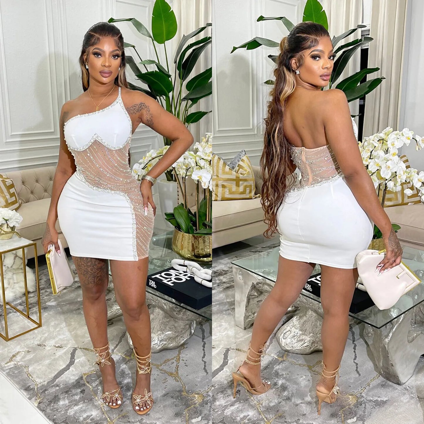 CM.YAYA Women Diamonds Hot Rhinestones Mesh Patchwork Sweetheart