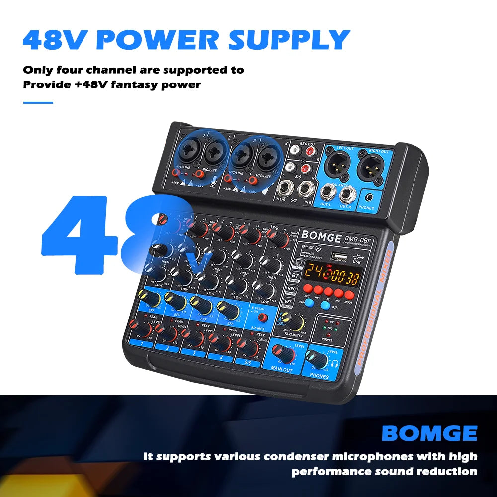 BOMGE 6 Channel 24DSP mini DJ Audio Sound Mixer Interface with MP3 USB Bluetooth Stereo Recording for karaoke performance stream