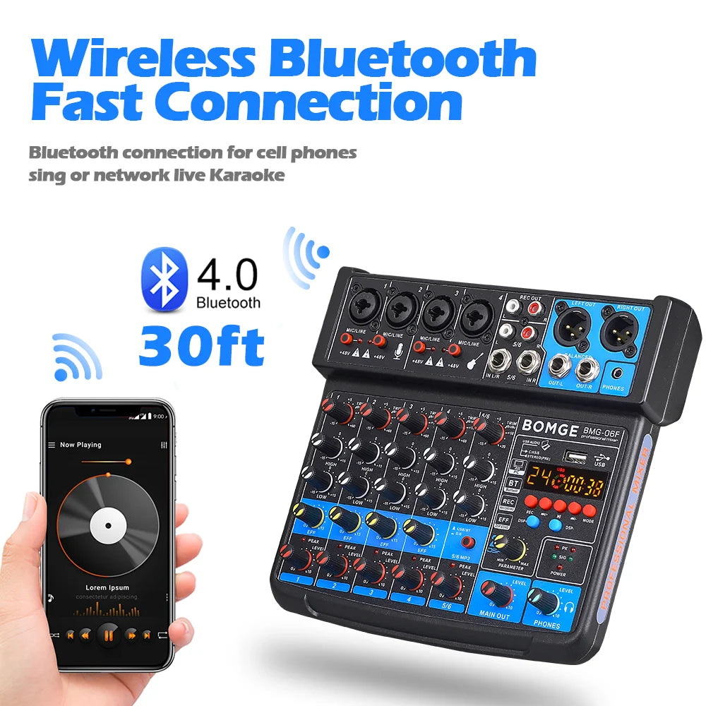 BOMGE 6 Channel 24DSP mini DJ Audio Sound Mixer Interface with MP3 USB Bluetooth Stereo Recording for karaoke performance stream