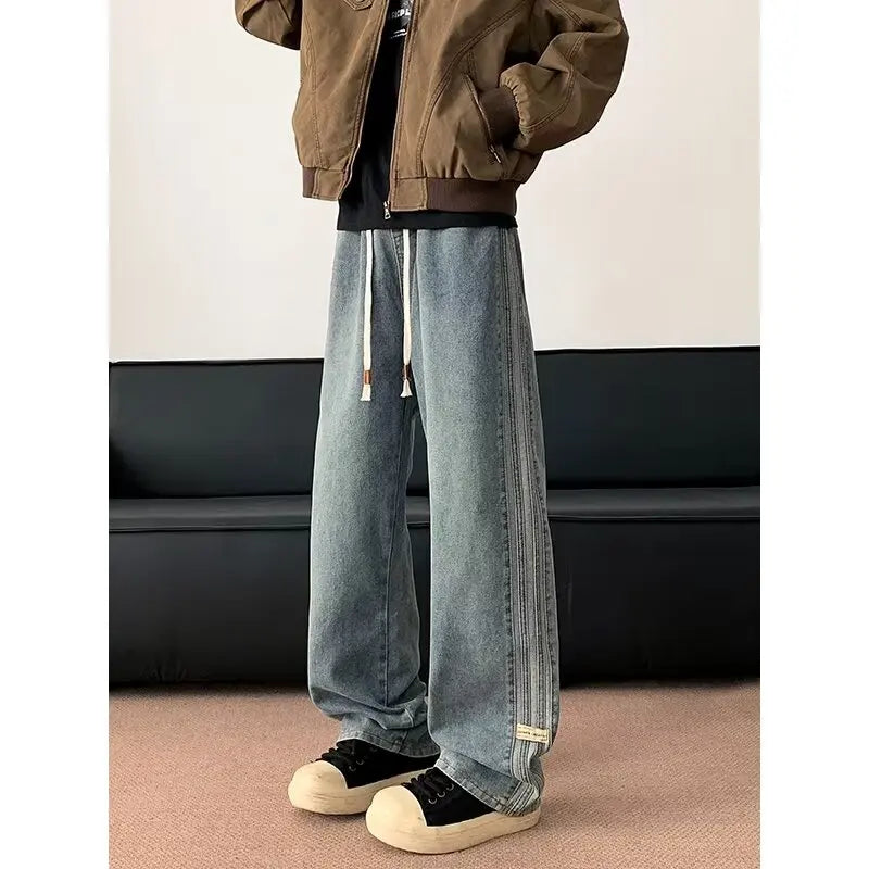 Jeans Men 2025 Spring Autumn American Style Vintage Loose Straight Leg Long Pants Men's Youth Popular Drawstring Wide Leg Pants