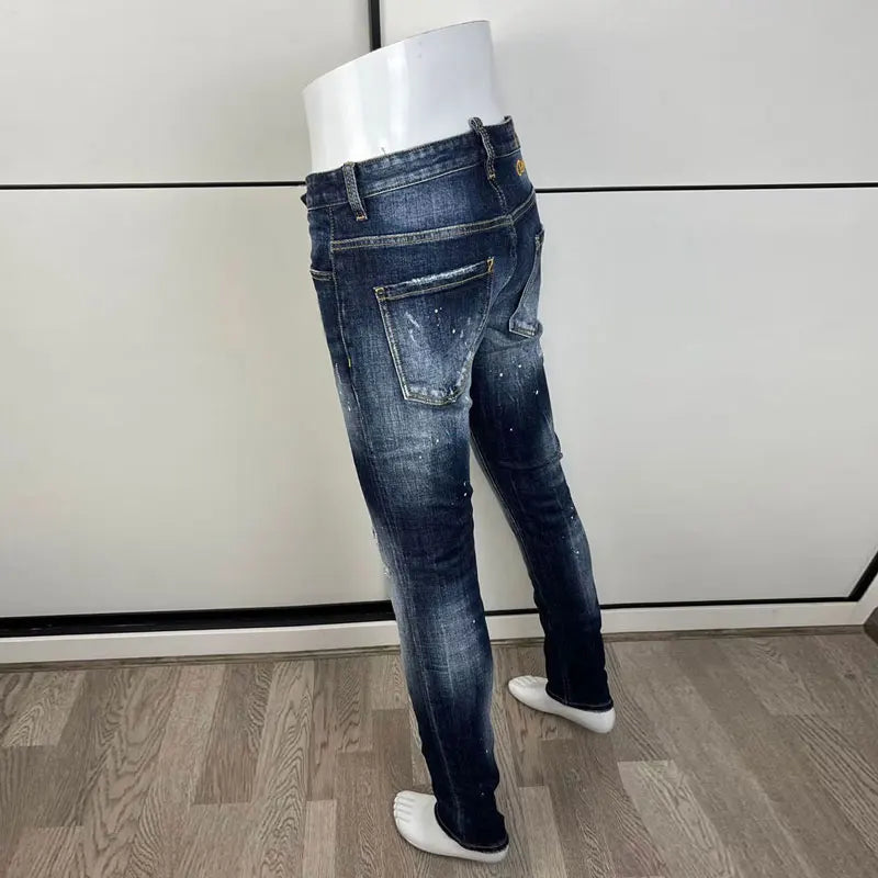 Latest designer fashion new men's jeans, washed, vintage painted embroidery, stretchy slim fit hombre