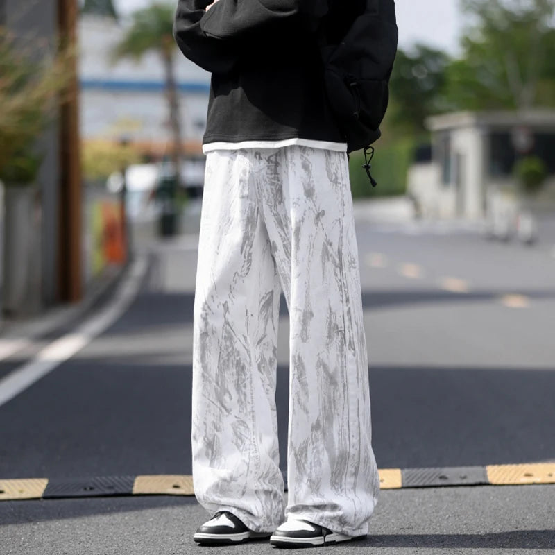 Jeans Mens Classic Straight Leg Jeans White Tie Dye Denim Pants Unisex Fashion Casual Trousers Streetwear Hip Hop Style Washed