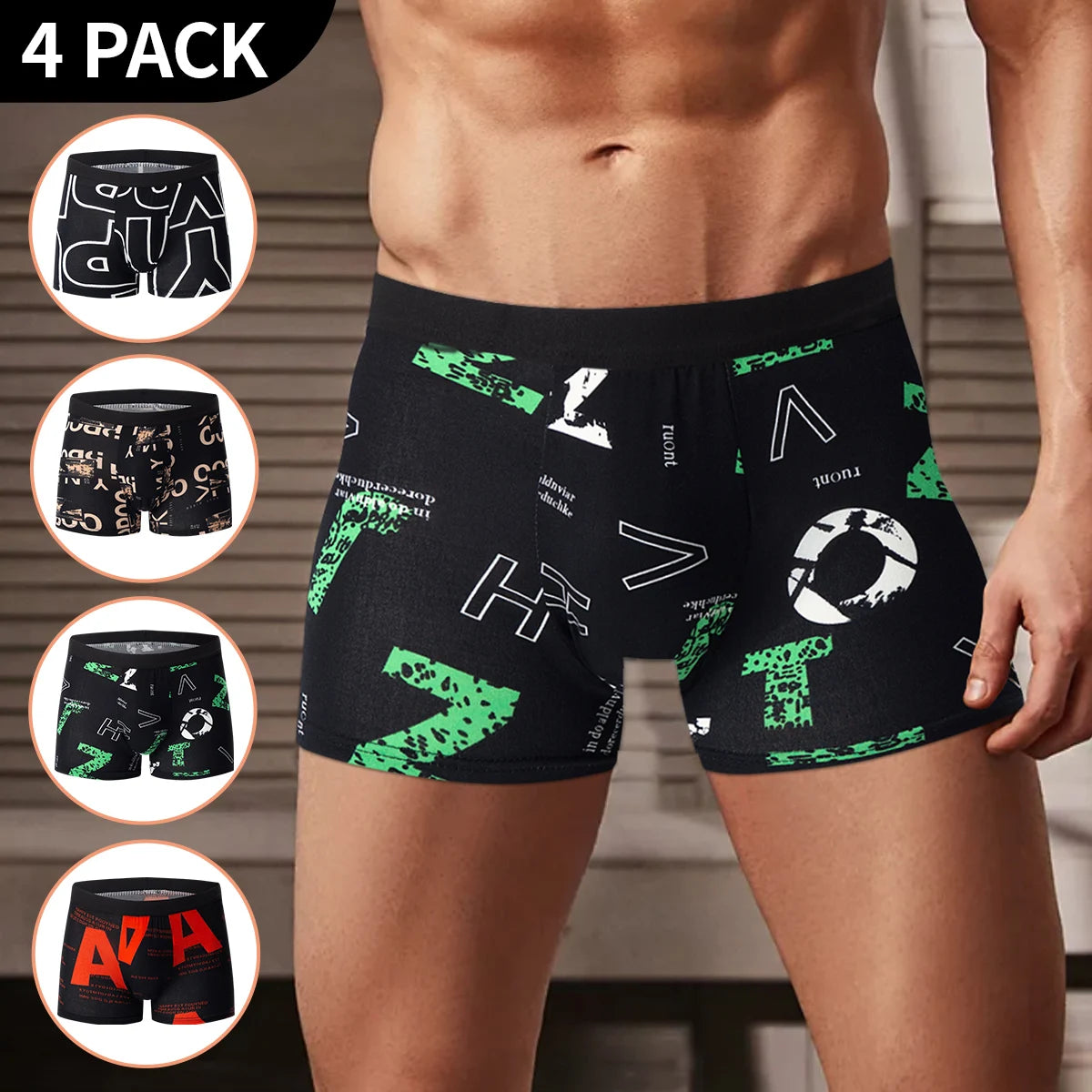 4 Pack European and American Size MEN'S Printed Fashion Boyshort Comfortable MEN'S plus Size Underwear Beach Swimming Trunks