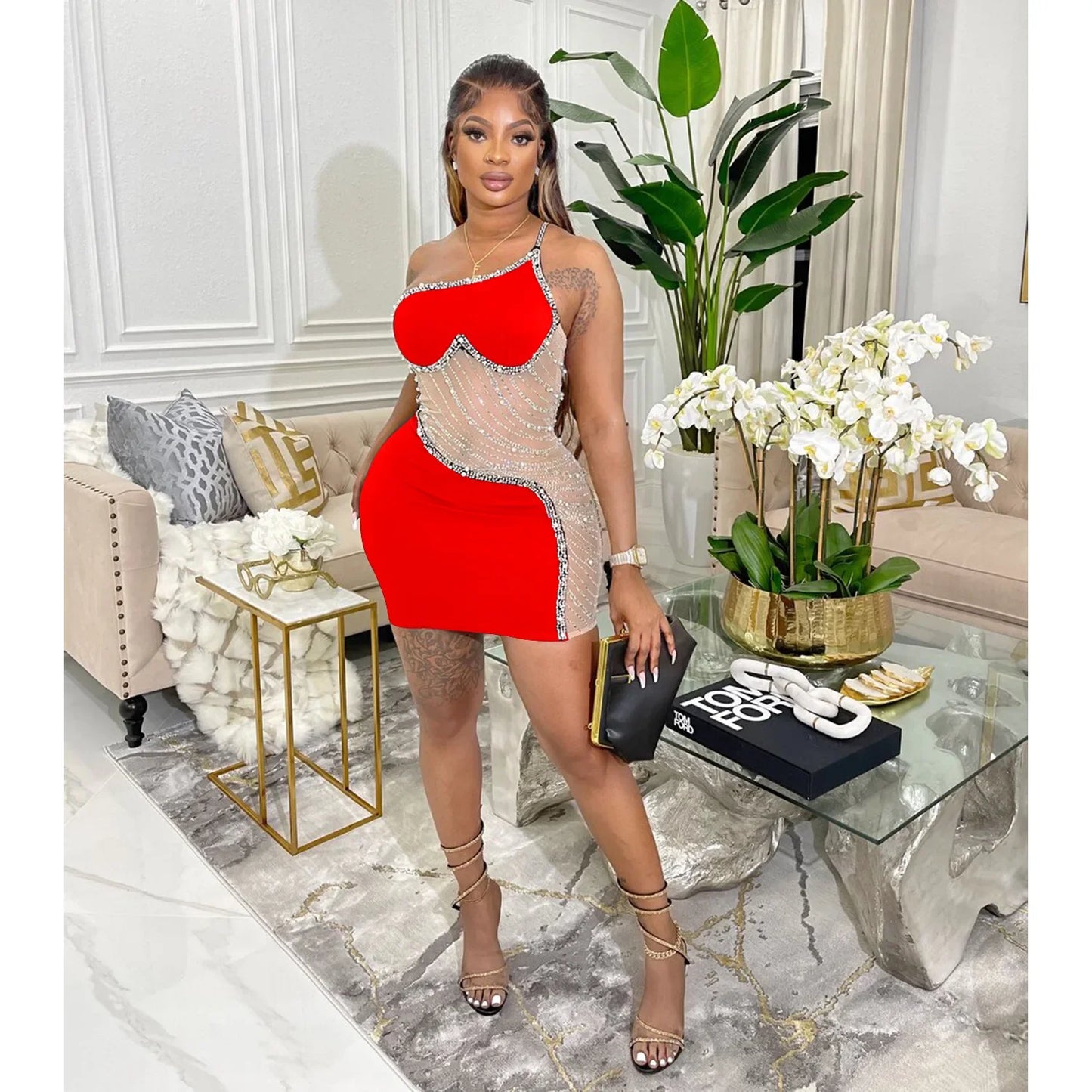 CM.YAYA Women Diamonds Hot Rhinestones Mesh Patchwork Sweetheart