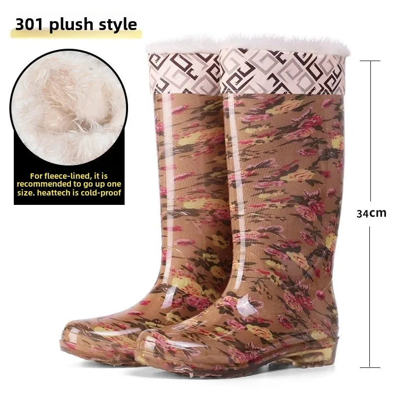 Thickened Crystal Flower Fabric High Top Women's Rain Boots Kitchen Waterproof Non-Slip Work Shoes Low Heel Plastic Shoes