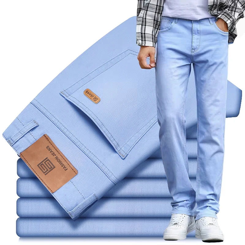 2025 Spring Summer Thin Men's Slim Stretch Jeans Lyocell Cool Light Blue Fashion Casual Denim Pants Male Brand Trousers