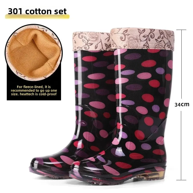 Thickened Crystal Flower Fabric High Top Women's Rain Boots Kitchen Waterproof Non-Slip Work Shoes Low Heel Plastic Shoes