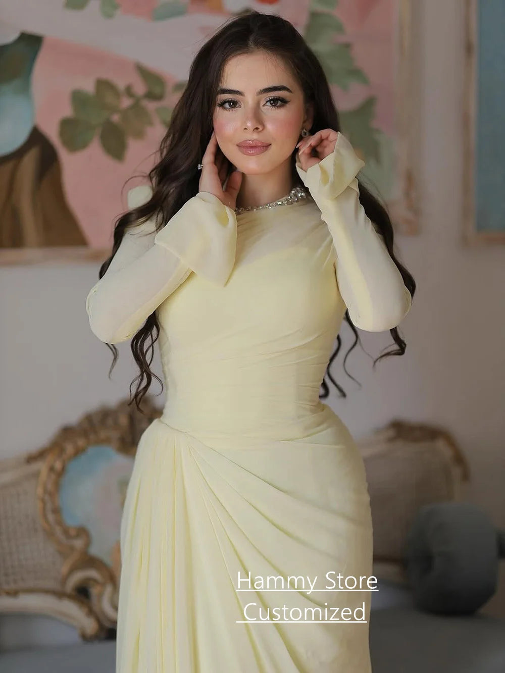 Modest Islamic Evening Dresses for Woman Customized Long Sleeves Beading Round Neck Pleat Prom Gown فساتين سهرات