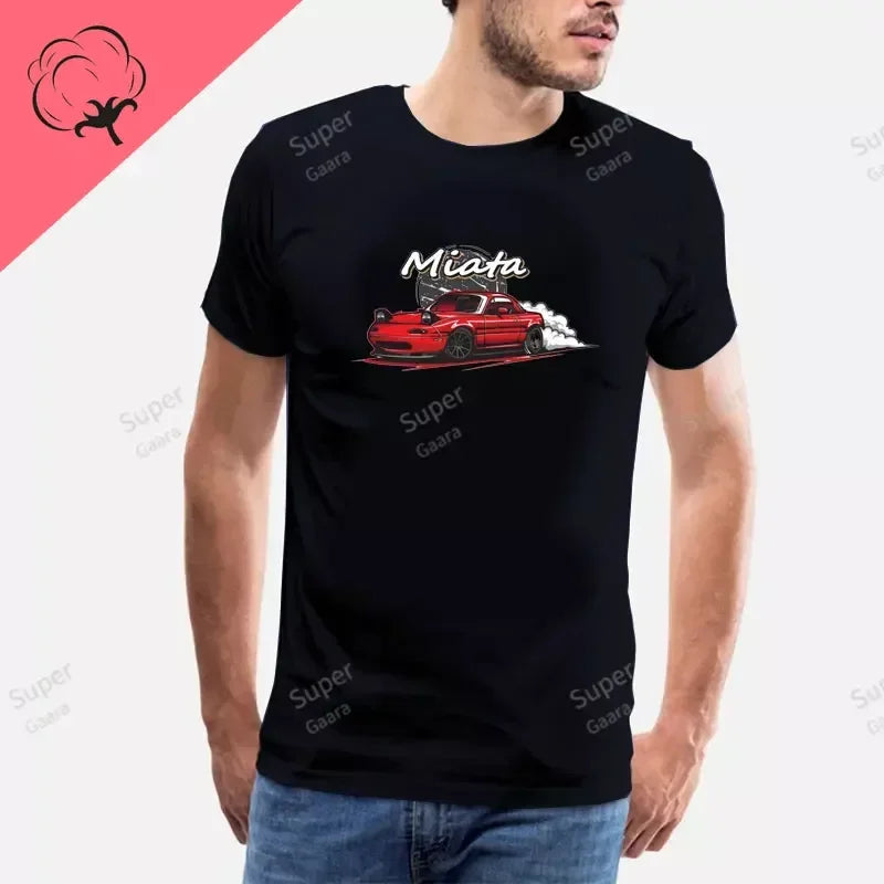 Initial D JDM MIATA MX5 Theme 100% Cotton Men's Shirt Summer Street Wear O-neck Printed Short Sleeve Top Funny Pattern