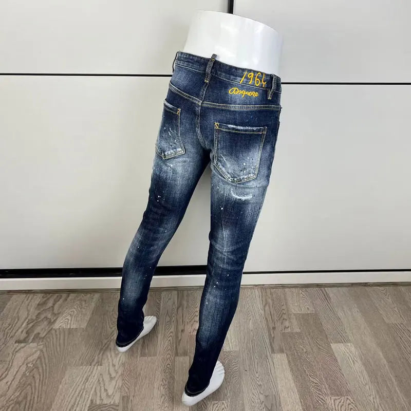 Latest designer fashion new men's jeans, washed, vintage painted embroidery, stretchy slim fit hombre