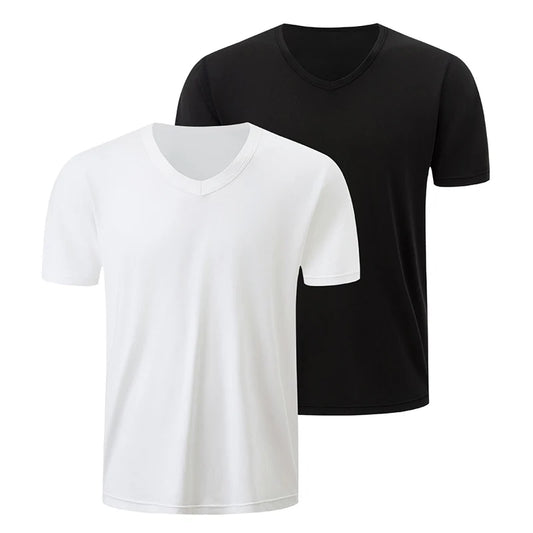 1/2/3 Pcs Men's Solid Color Casual Small White T Youth Loose Joker Classic V-neck Comfortable Short Sleeve Simple Fashion T-shir