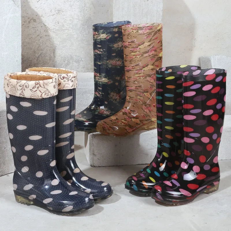 Thickened Crystal Flower Fabric High Top Women's Rain Boots Kitchen Waterproof Non-Slip Work Shoes Low Heel Plastic Shoes