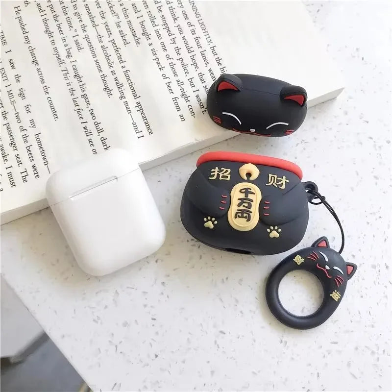 For AirPods 4 3 2 1 Pro Pro2 Earphone Case 3D Maneki Neko Lucky Cat Cartoon Silicone Protective Headphone Box With Pendant Cover
