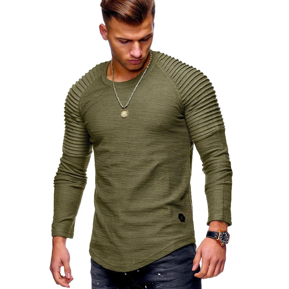 Spring And Autumn New Men's Solid Color Slim Round Neck Long Sleeve T-Shirt Fashion Fold With Shoulder Sleeve  Sports T-Shirt