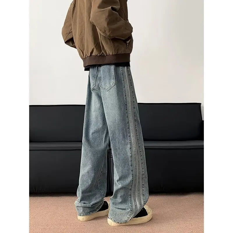 Jeans Men 2025 Spring Autumn American Style Vintage Loose Straight Leg Long Pants Men's Youth Popular Drawstring Wide Leg Pants