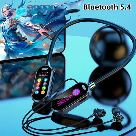 Bluetooth 5.4 Neck-Hanging Earphone LED Display HiFi Sound Earbuds Wireless Headphones Sports Gamer Neckband Headsets