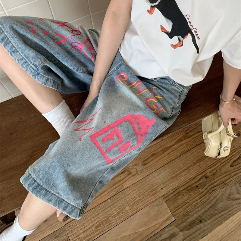 Jeans For Women 2025 Retro Hip Hop Street Jeans Summer Oversized Embroidered High Waisted Wide Leg Shorts Loose Y2K Wide Pants