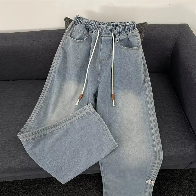 Jeans Men 2025 Spring Autumn American Style Vintage Loose Straight Leg Long Pants Men's Youth Popular Drawstring Wide Leg Pants