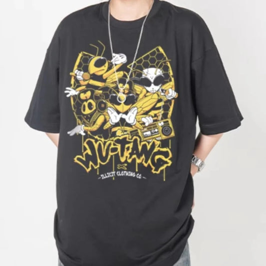 2025 Wu-tang Printed American Retro High Street Short Sleeve T-shirt Washed To Make Old Heavy Cotton Top High Quality Oversize