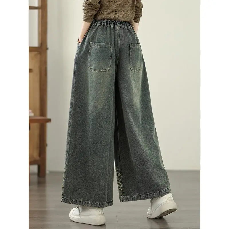 Jeans Women 2025 Autumn New Jeans Retro Heavy Industry Embroidery Ethnic Style Elastic Waist Casual Oversized Wide Leg Pants