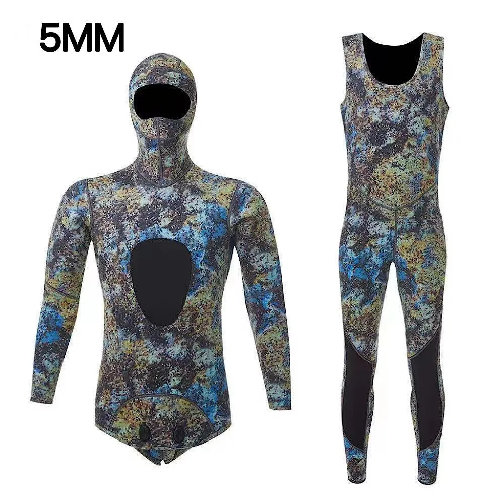 NEW 5mm Camouflage Wetsuit Long Sleeve Fission Hooded 2 Pieces Of Neoprene Submersible  For Men Keep Warm Waterproof Diving Suit
