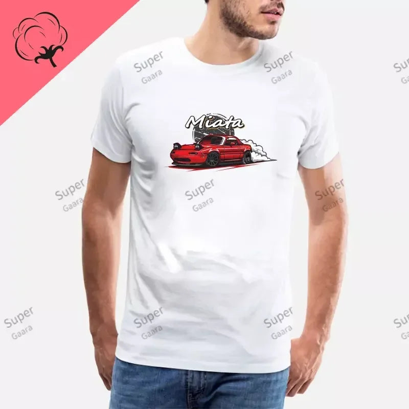 Initial D JDM MIATA MX5 Theme 100% Cotton Men's Shirt Summer Street Wear O-neck Printed Short Sleeve Top Funny Pattern