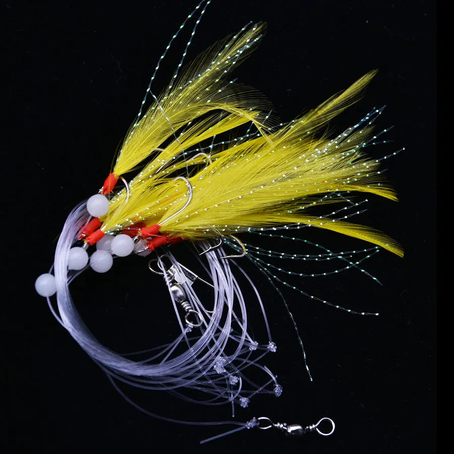 JYJ 8 arms Sabiki Rigs Saltwater Artificial Fishing Lures Luminous Sea Bait Mackerel Pesca Tackle string Hooks Feather Hook