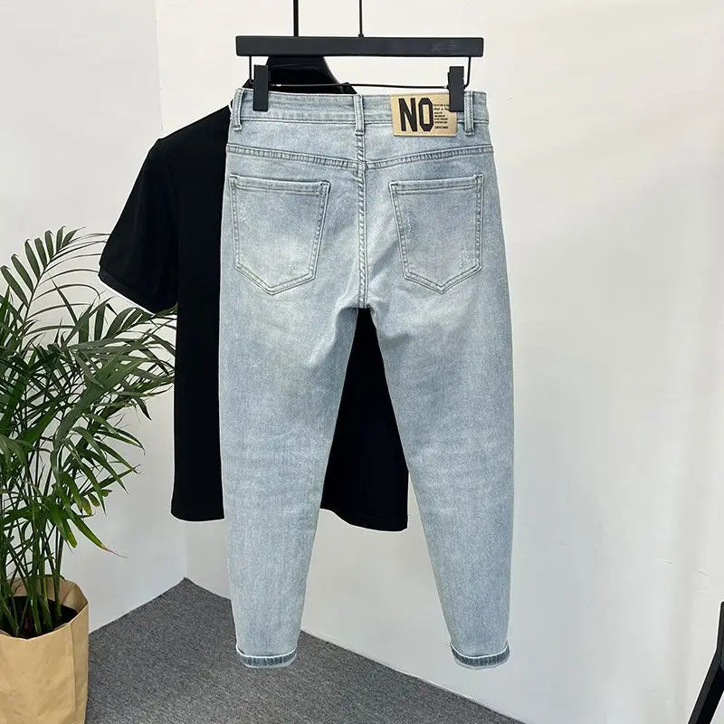 Jeans Men's Trendy Brand Light-colored Fashion Youth Casual Pants Cowboy Simple Ruffian Handsome Slim-fitting Skinny Jeans Men