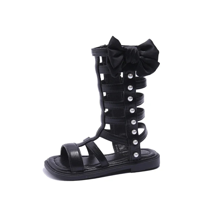 Girls Long Roman Boots Children High-top Leatehr Sandals Summer Fashion Kids Pearls Gladiator Sandals with Bowtie Princess Hot