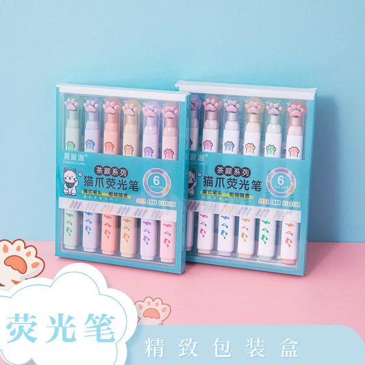 6Pcs/Set Kawaii Cat paw Fluorescent Highlighter Pens Markers Pastel Drawing Pen Student School Office Supplies Cute Stationery