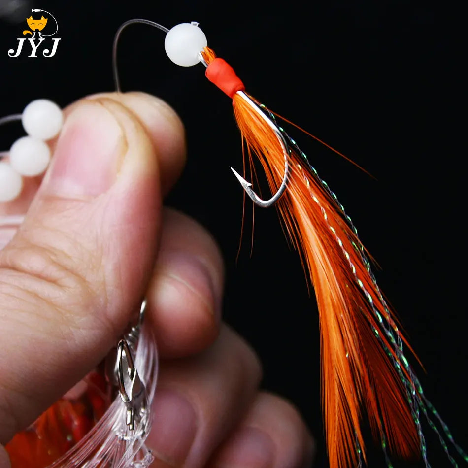 JYJ 8 arms Sabiki Rigs Saltwater Artificial Fishing Lures Luminous Sea Bait Mackerel Pesca Tackle string Hooks Feather Hook