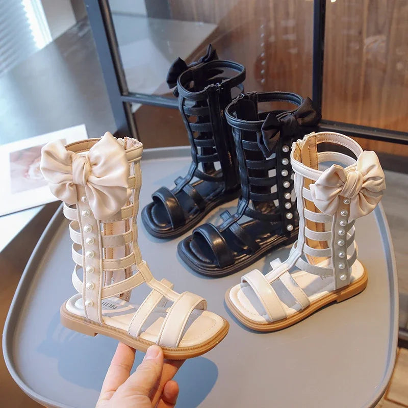 Girls Long Roman Boots Children High-top Leatehr Sandals Summer Fashion Kids Pearls Gladiator Sandals with Bowtie Princess Hot