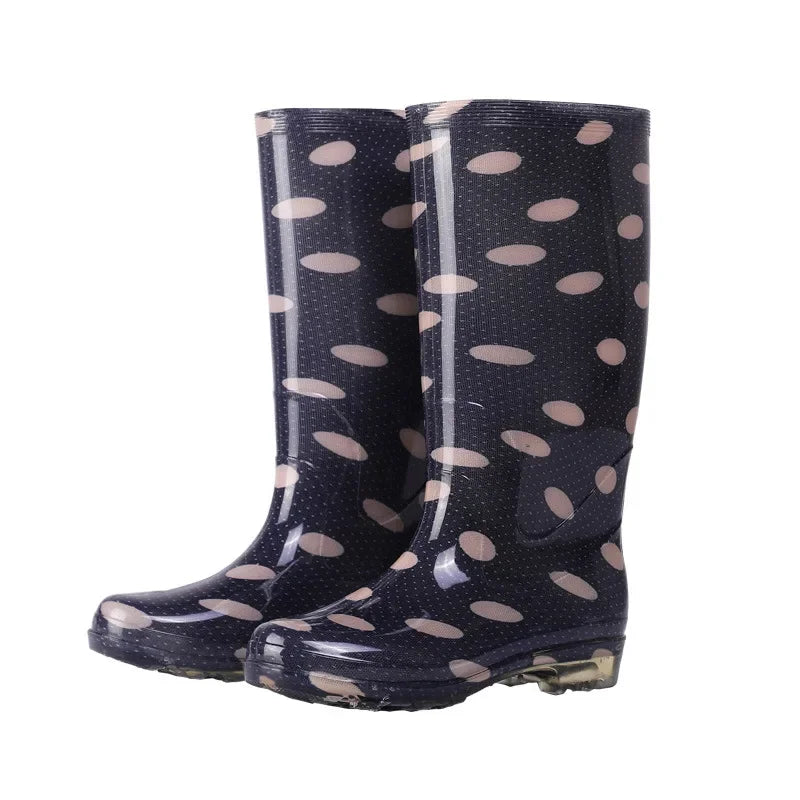 Thickened Crystal Flower Fabric High Top Women's Rain Boots Kitchen Waterproof Non-Slip Work Shoes Low Heel Plastic Shoes