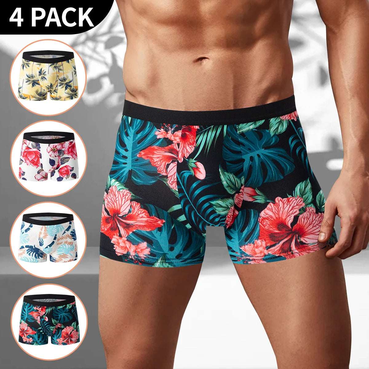 4 Pack European and American Size MEN'S Printed Fashion Boyshort Comfortable MEN'S plus Size Underwear Beach Swimming Trunks