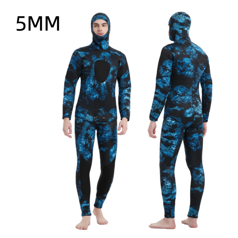 NEW 5mm Camouflage Wetsuit Long Sleeve Fission Hooded 2 Pieces Of Neoprene Submersible  For Men Keep Warm Waterproof Diving Suit