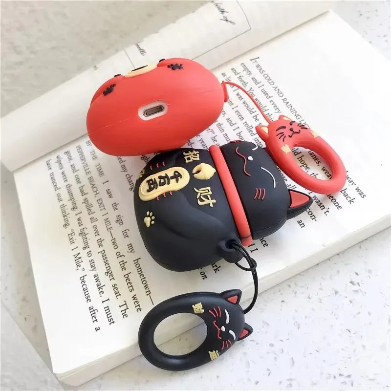 For AirPods 4 3 2 1 Pro Pro2 Earphone Case 3D Maneki Neko Lucky Cat Cartoon Silicone Protective Headphone Box With Pendant Cover