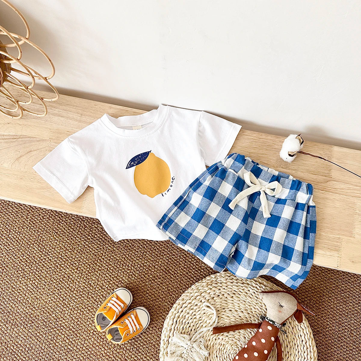 2Pcs/Sets New Baby Boy Clothing Set Toddler Baby Clothes Pear Print T-shirt+Grid Shorts Newborn Boy Girl Summer Outfits