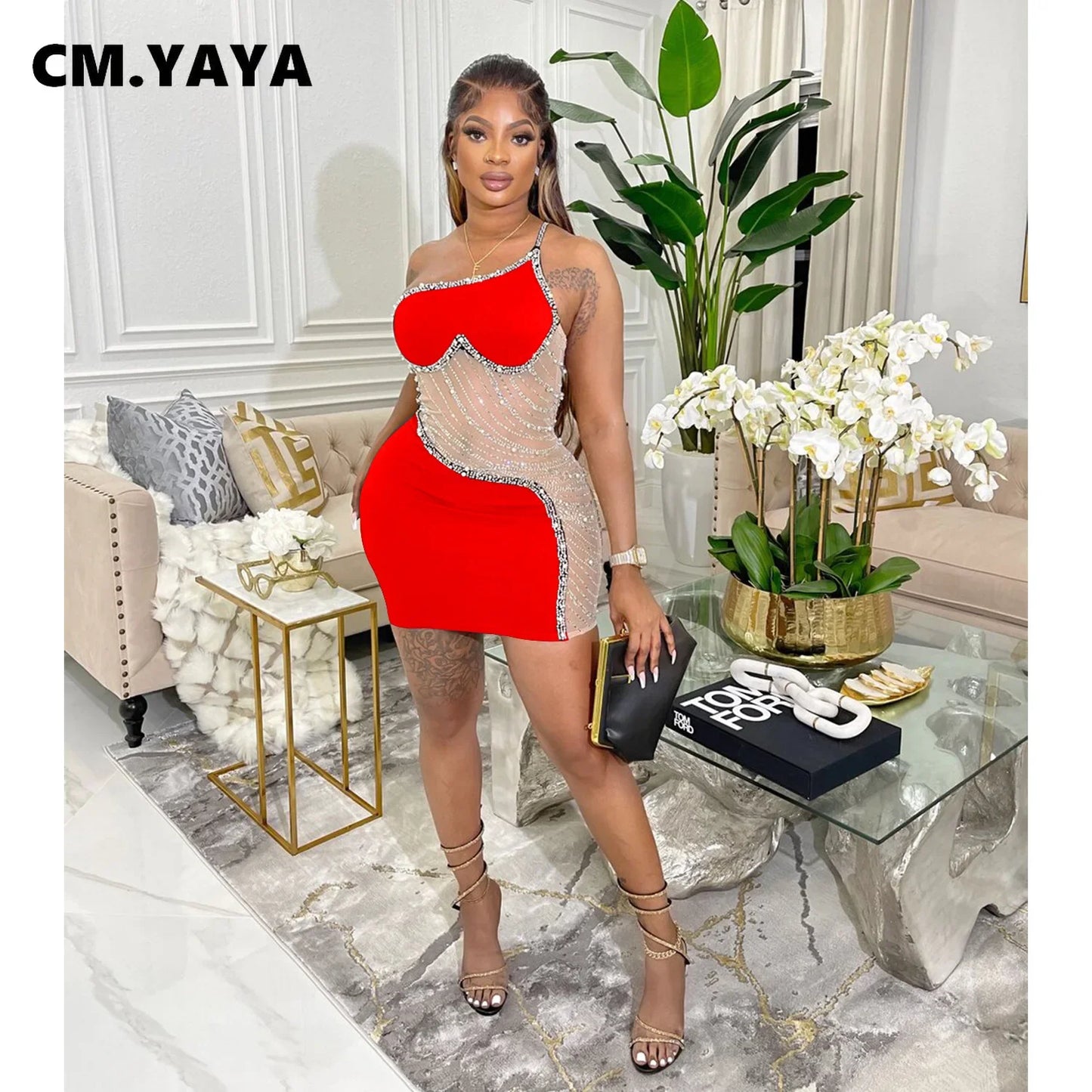 CM.YAYA Women Diamonds Hot Rhinestones Mesh Patchwork Sweetheart