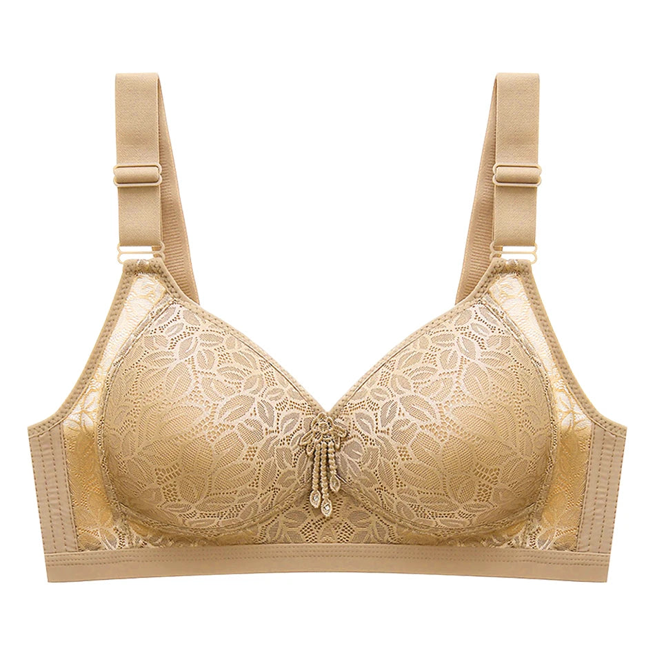 Women Comfortable Plus Size Large Bust Wire Free Embroidery Bra Side Gather and Breathable Perfect Fit and Support Bras