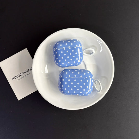 Simple Lovely Blue Polka Dot Pattern Glossy Protective Earphone Case with White Rings Cover for AirPods 1 2 3 4 Pro 2 Pro 3