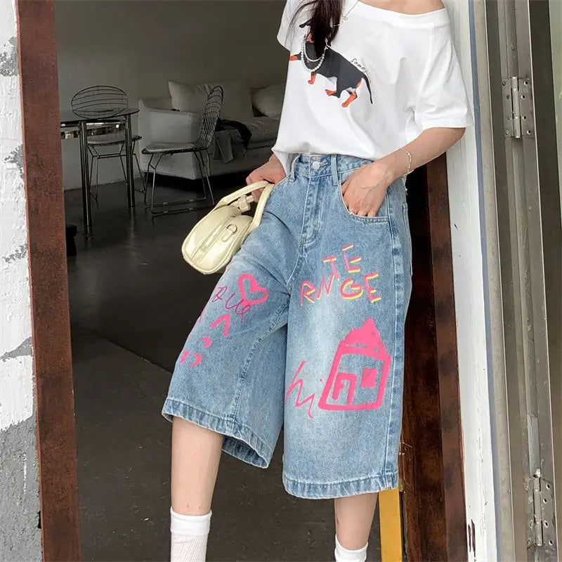 Jeans For Women 2025 Retro Hip Hop Street Jeans Summer Oversized Embroidered High Waisted Wide Leg Shorts Loose Y2K Wide Pants