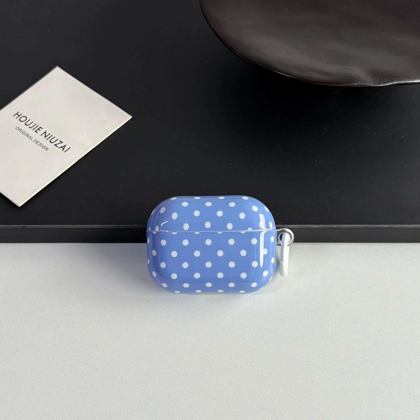 Simple Lovely Blue Polka Dot Pattern Glossy Protective Earphone Case with White Rings Cover for AirPods 1 2 3 4 Pro 2 Pro 3