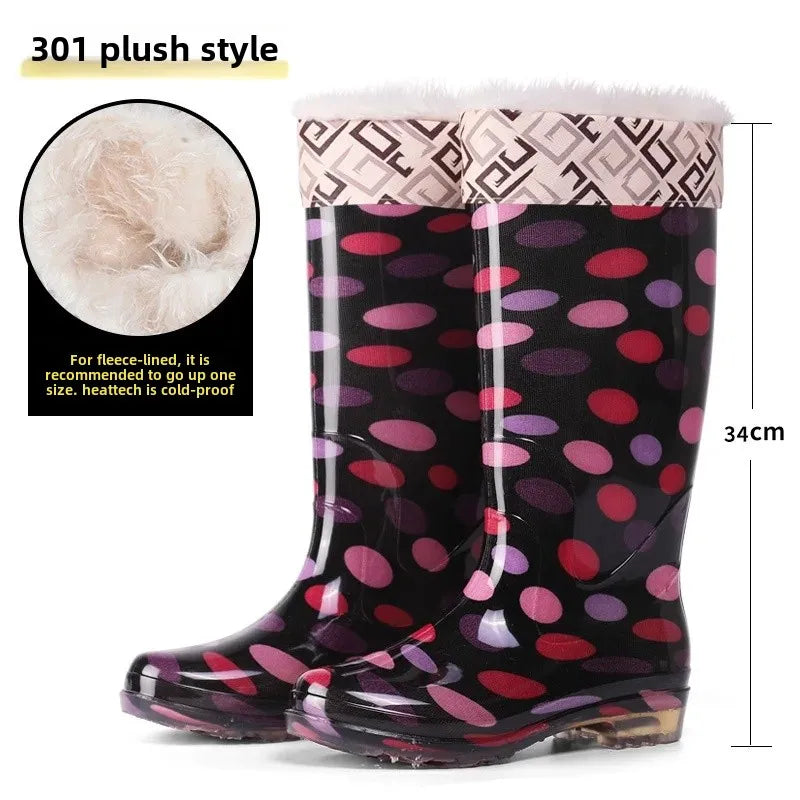Thickened Crystal Flower Fabric High Top Women's Rain Boots Kitchen Waterproof Non-Slip Work Shoes Low Heel Plastic Shoes