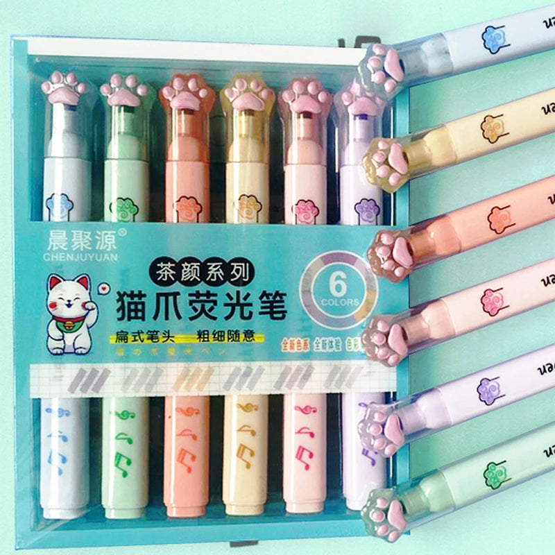 6Pcs/Set Kawaii Cat paw Fluorescent Highlighter Pens Markers Pastel Drawing Pen Student School Office Supplies Cute Stationery