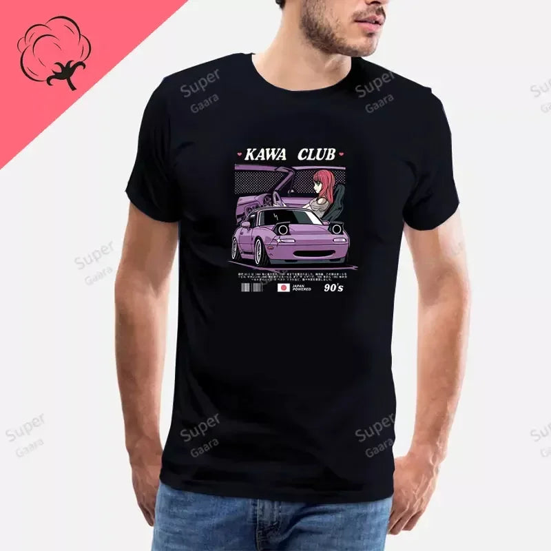 Initial D JDM MIATA MX5 Theme 100% Cotton Men's Shirt Summer Street Wear O-neck Printed Short Sleeve Top Funny Pattern